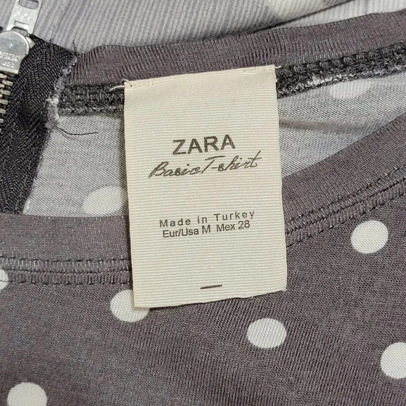 Zara Basic‎ Long Sleeve T-Shirt Gray White Polka Dot Zipper Back Pullover Tee M - Picture 7 of 9